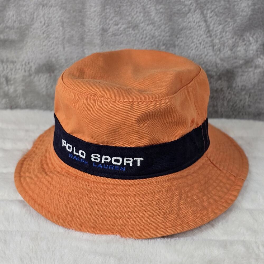 Vintage Polo Sport Ralph Lauren Bucket Hat Cap Size Large Orange Navy Y2K